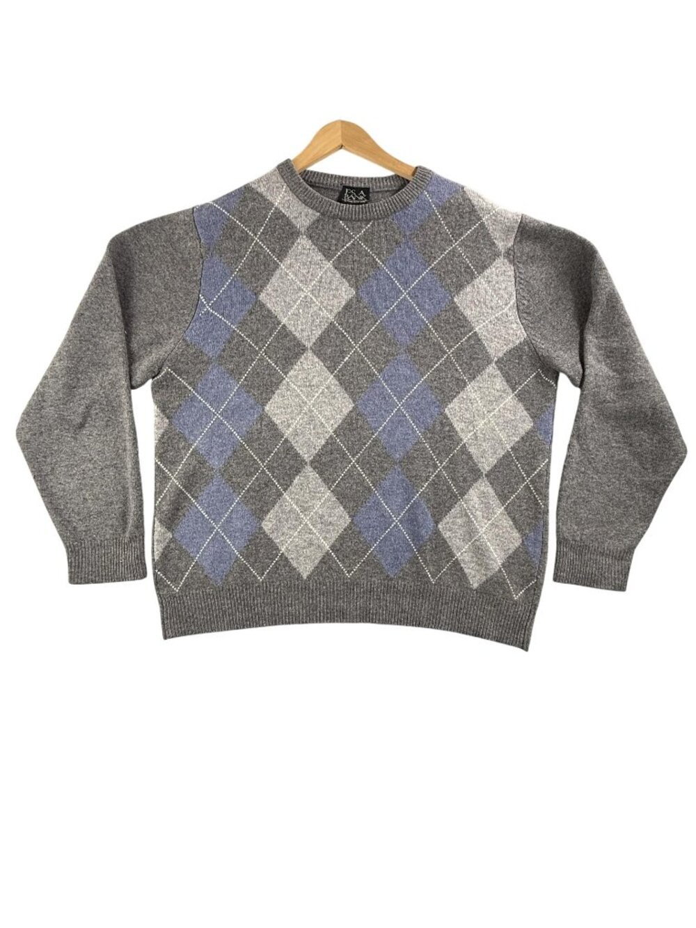 Jos A Bank Sweater Mens XL Gray Argyle Crewneck Lambswool Knit Pullover Preppy